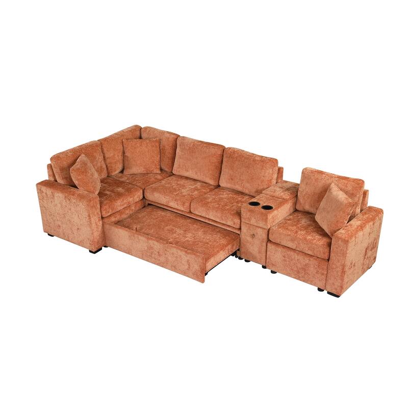 Chenille Pull Out Sectional Convertible Sleeper Sofa Modular Sectional Sofa with Pillow and 2 Cup Holders for Living Room