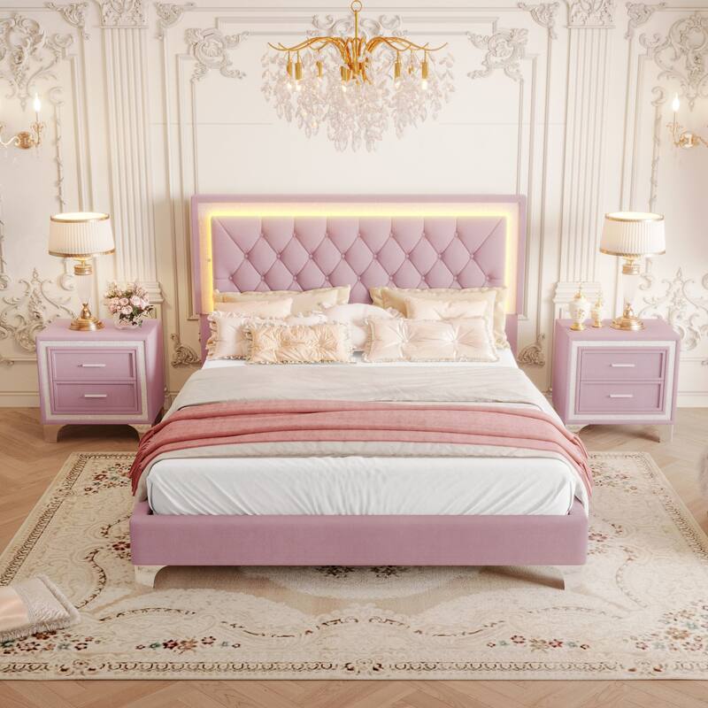 Queen Size Velvet 3-Pieces Bedroom Sets with Tufted Headboard, Bedroom Upholstered Bed Platform Bed with 2 Nightstands