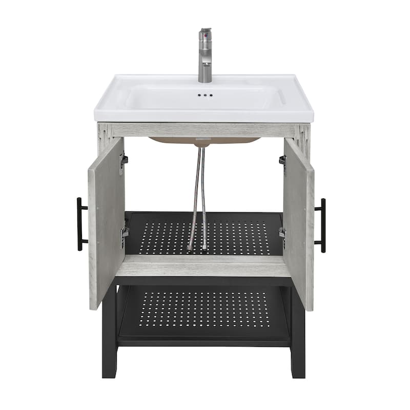 GDFStudio - CompactLine Modern Freestanding Bathroom Vanity with Ceramic Sink and Open Shelf - 24 Inch