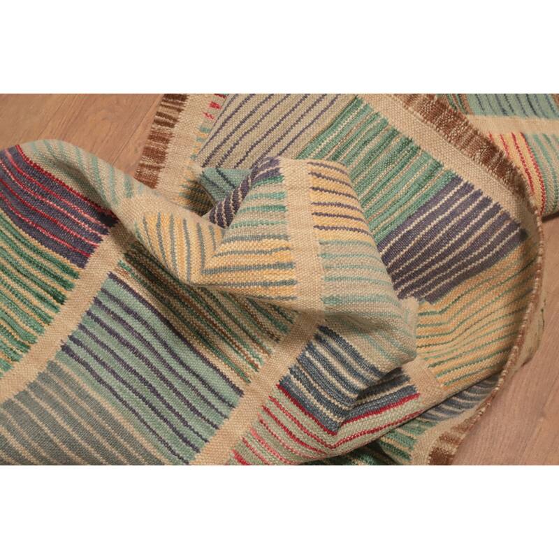 Hand Woven Oriental 100% Wool Carpet Southwestern Modern Multi-Colored Kilim Runner Rug - 12' 1'' X 2' 10''