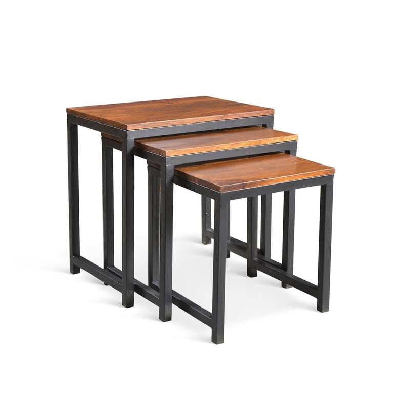 Handmade Reclaimed Seesham Wood and Iron Nesting Table, Set of 3 (India) - Largest table: 21.75"W x 15.75"D x 24"H