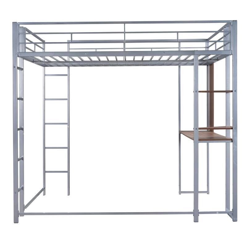 Full Size Metal Loft Bed with 2 Shelves and Desk, Silver