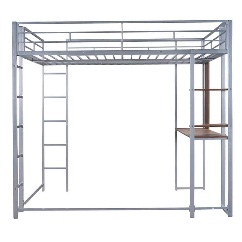 Metal Loft Bed with 2 Shelves and 1 Desk