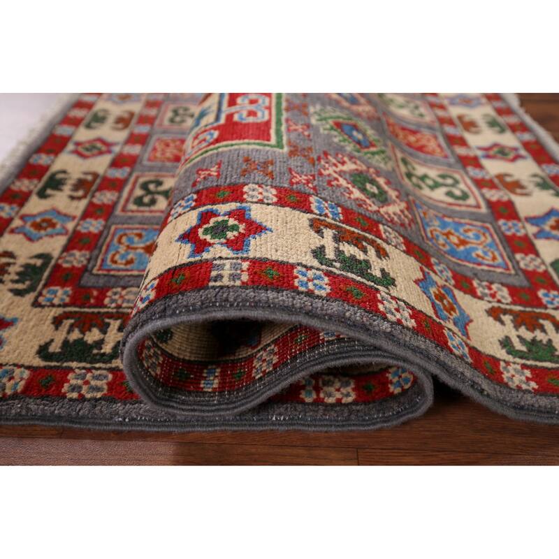 Geometric Grey Kazak Foyer Rug Hand-Knotted Wool Carpet - 2'8" x 3'11"