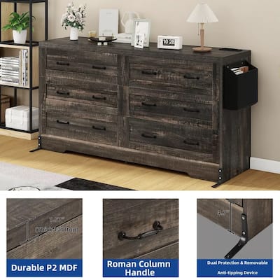 60 Inch Large 6 Drawers Storage Dresser TV Stand for 65" Dark Oak - 58 inches