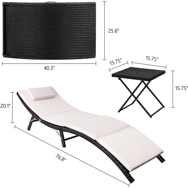 Homall 3 Pieces Patio Chaise Lounge with Removable Cushions Unadjustable Wicker Folding Chaise Lounge with Folding Table