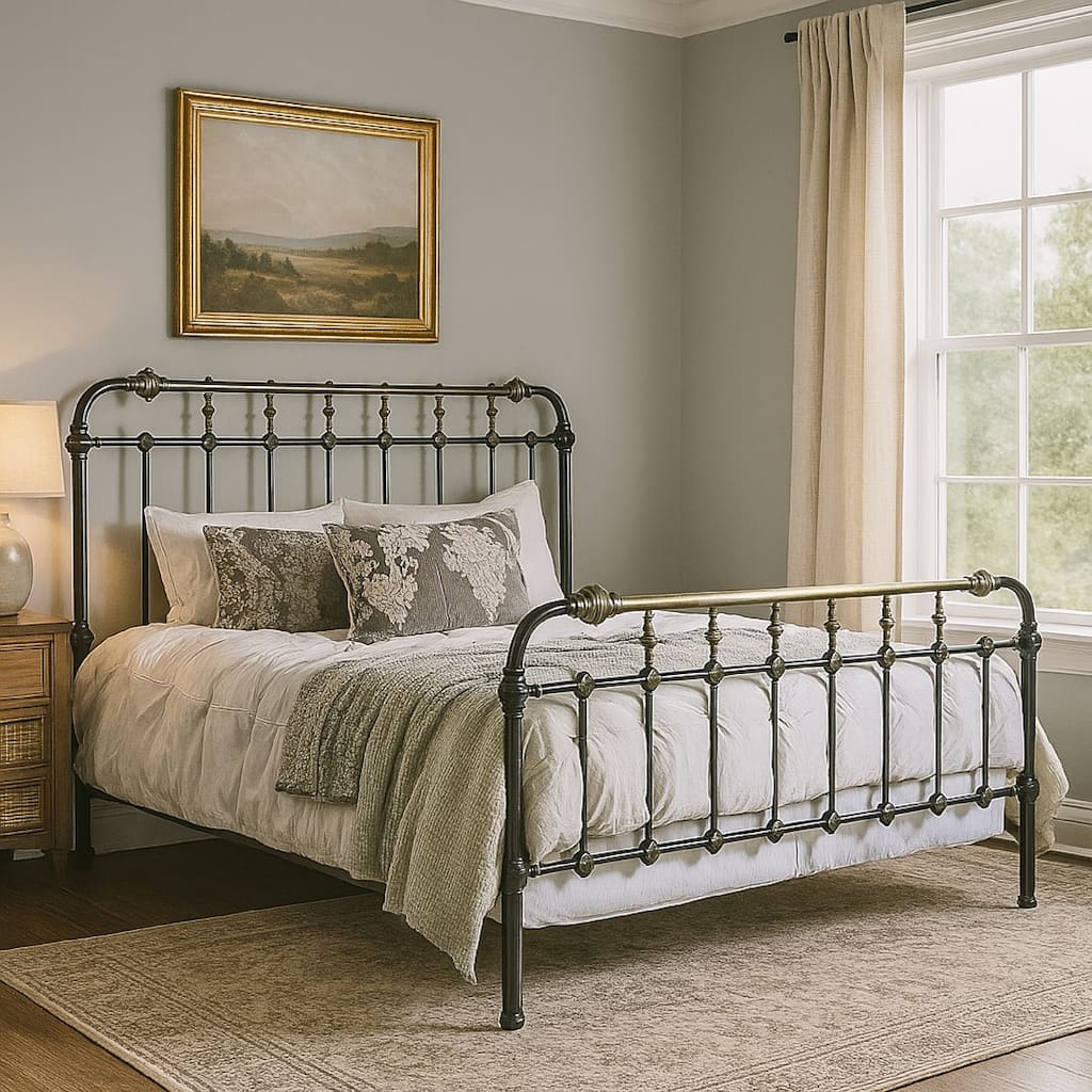 Benjara Transitional Queen Metal Bed, Black and Gold