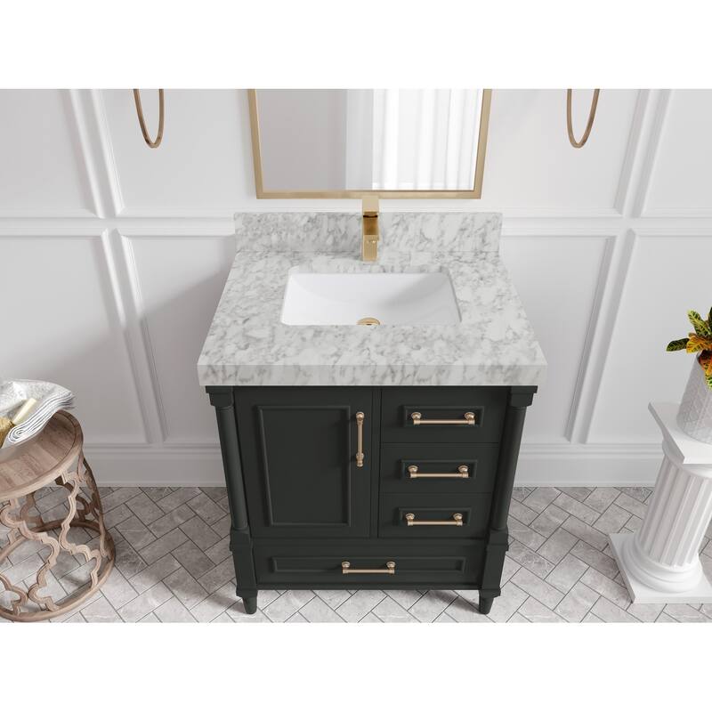 Willow Collections 30 in. W x 22 in. D Aberdeen Single Sink Bathroom Vanity with Countertop - 2" Carrara Marble - Black Top