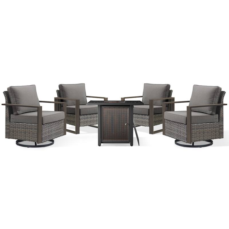 Meyreso 5-Piece Wicker Patio Conversation Set with Metal Fire Pit & Plush 4.5" Olefin Cushions