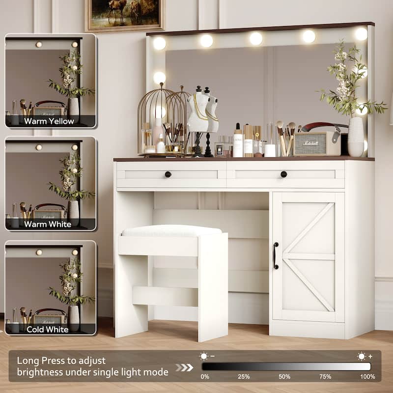 43.4" Vanity Table with 3 Drawers & Large Mirror, 11 LED Lights & Adjustable Brightness(Stool Included)