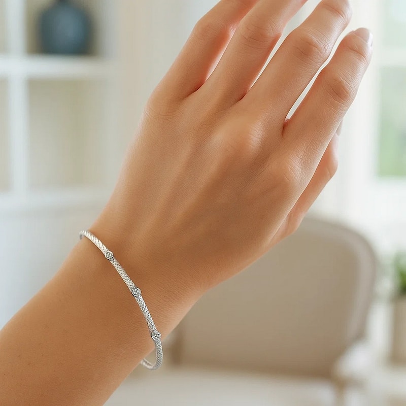 MayaMila 14k White Gold Diamond Accent Station Basket Weave Bracelet - 7.25 Inch