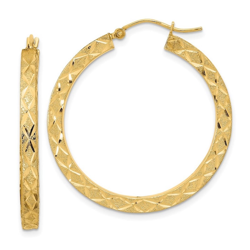 Curata 14k Yellow Gold Satin Sparkle Cut Squared-tube Hoop Earrings 36.18x3mm