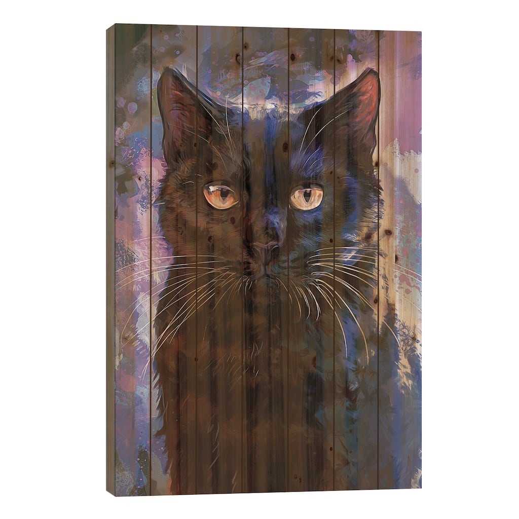 Black Cat Print On Wood by Louise Goalby - Multi-Color