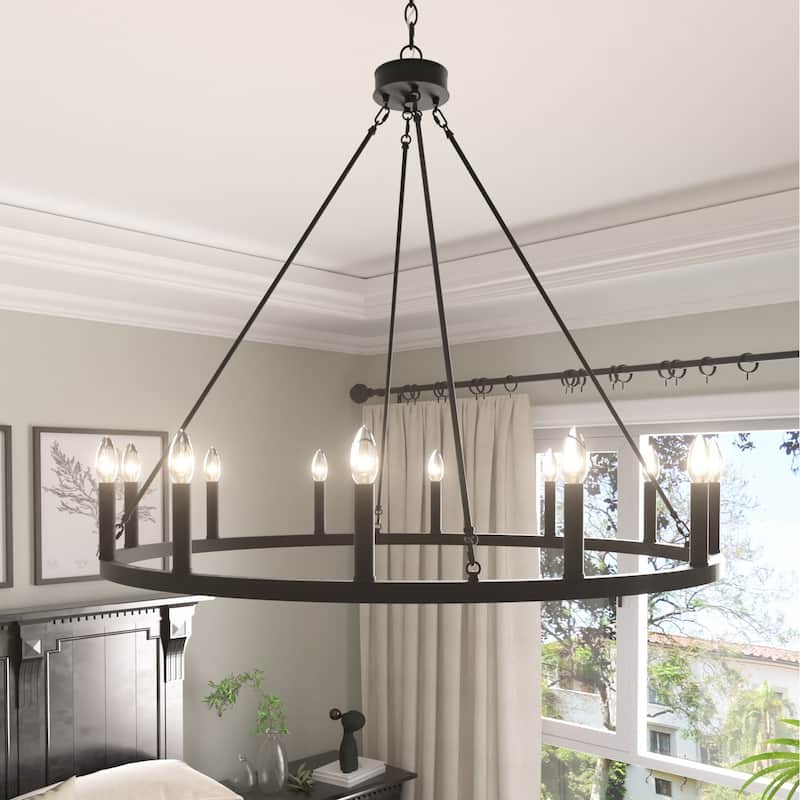 Modern Farmhouse Black Round Wagon Wheel Chandelier - 40 in/12-light