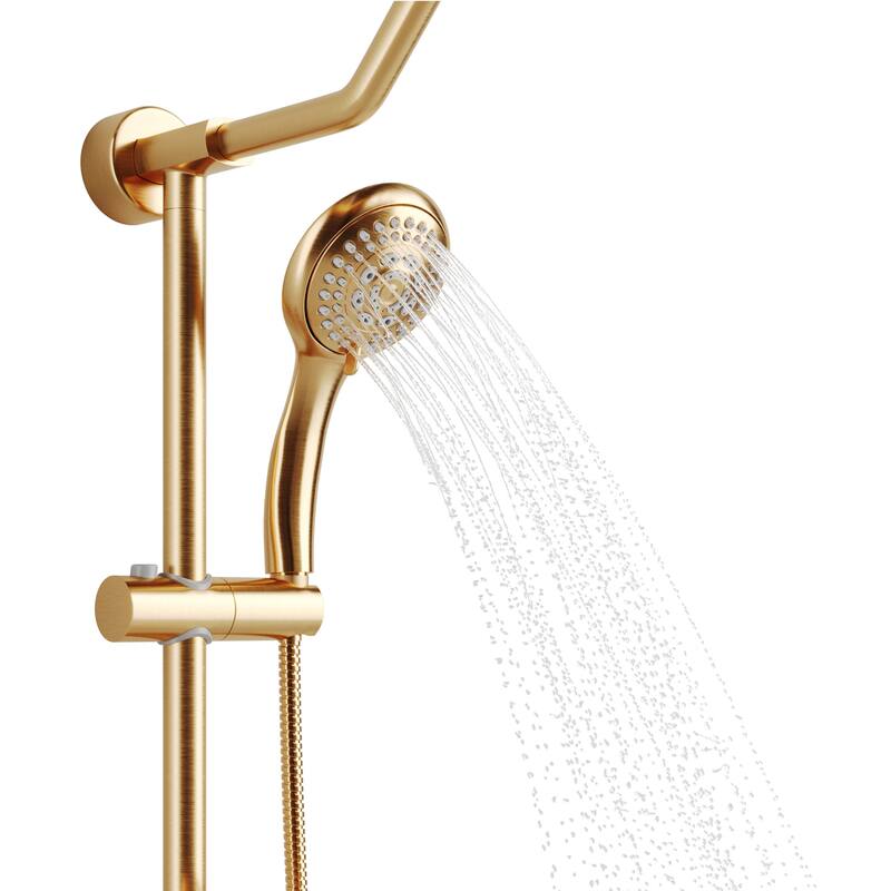 Kauai III 8-in Rain Showerhead Shower System with Slide Bar and Integrated Soap Dish Brushed Gold