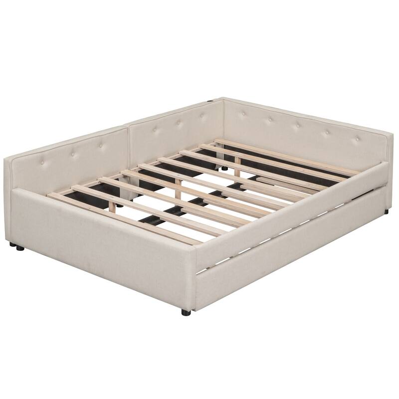 Full Size Upholstered Platform Bed with USB and Twin Trundle in Beige