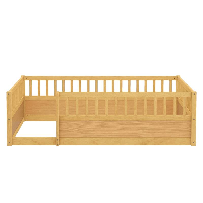Solid Wood Floor Bed Frame without Slats, Montessori Kids Floor Beds with Full Length Fence, No Box Spring Needed