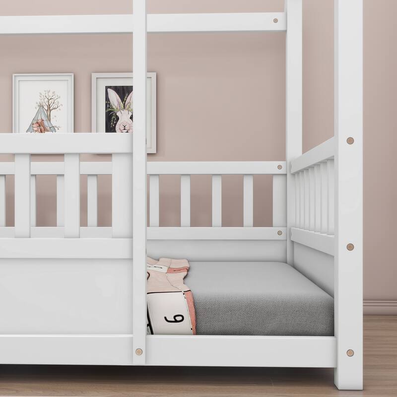 Twin/Full Size Floor Bed Wooden House-shaped Bed Frame with Fence Guardrails & Roof, Twin/Full Size Bed for Kids Boys Girls