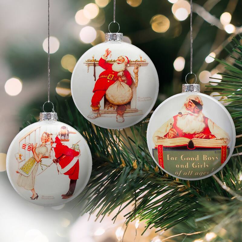 Set of 3 Glass Norman Rockwell Christmas Disc Ornament - 3"