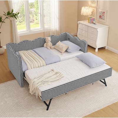 Cozy Gingham Daybed with Trundle Twin Size Sofa Bed No Box Spring Needed, with USB Port and Adorable Wave Shaped, Linen Fabric