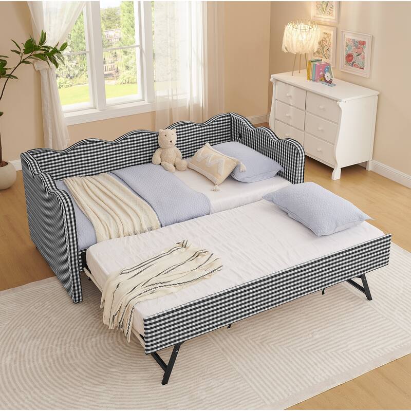 Twin Gingham Daybed with Trundle - USB Ports, Wave Design, Linen Fabric, No Box Spring - Black