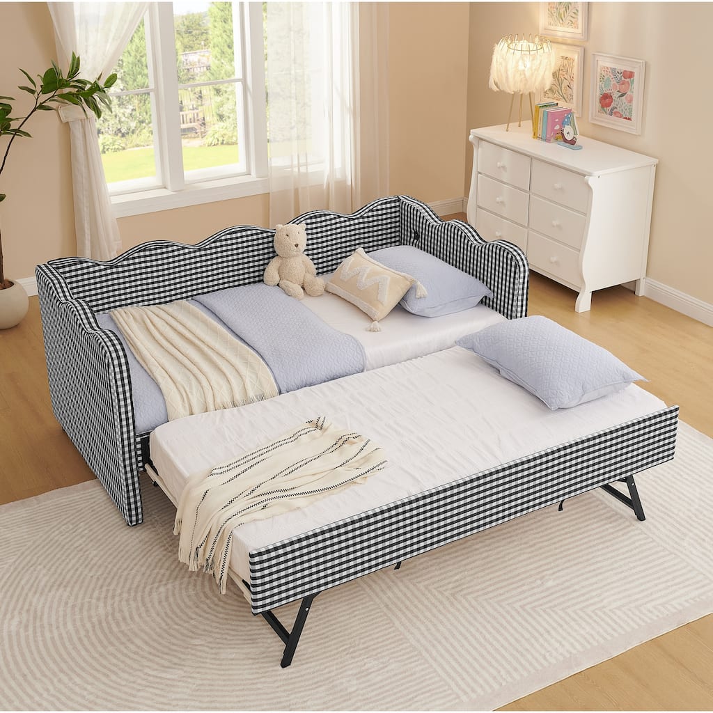 Twin Gingham Daybed with Trundle - USB Ports, Wave Design, Linen Fabric, No Box Spring