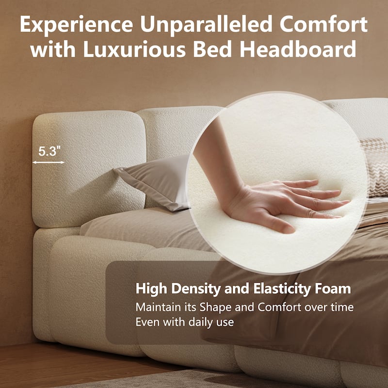 Embedded Platform Bed with Square Plush Upholstery Headboard White