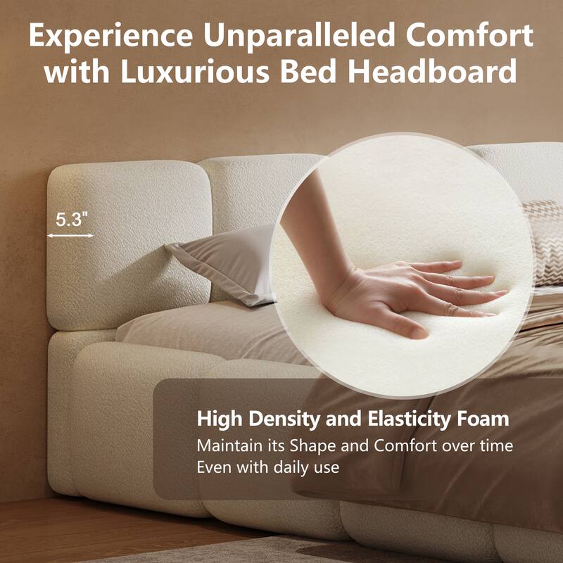 Upholstered King Size Platform Bed with Boucle Headboard, White - Modern & Elegant Design