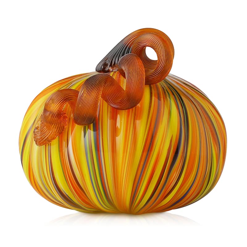 Glitzhome Fall Harvest Multi Striped Handblown Glass Pumpkins Thanksgiving Table Accent