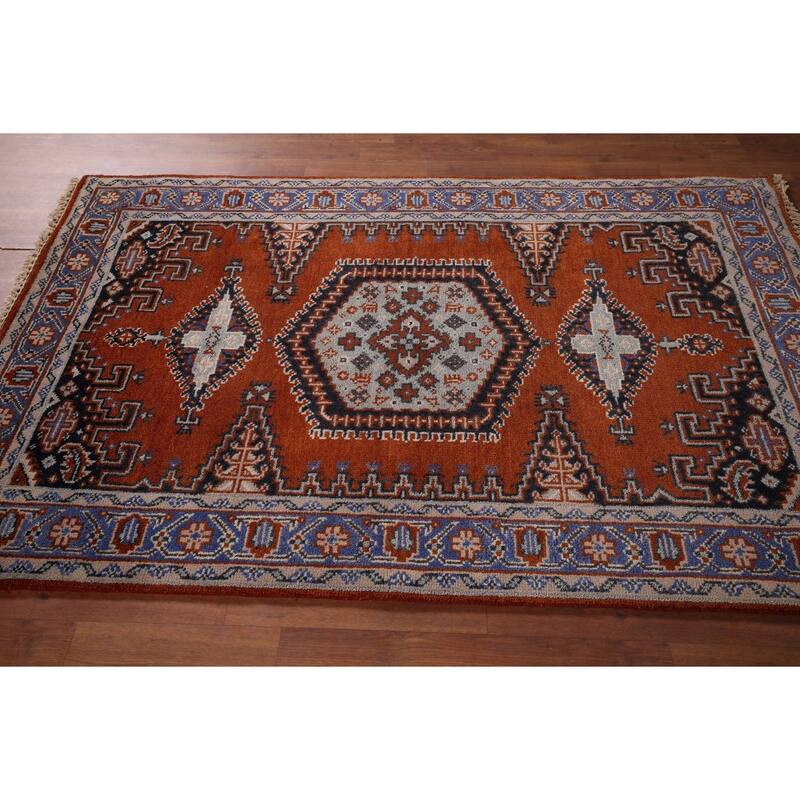Orange Geometric Viss Indian Area Rug Hand-Knotted Wool Carpet - 4'0"x 6'3"