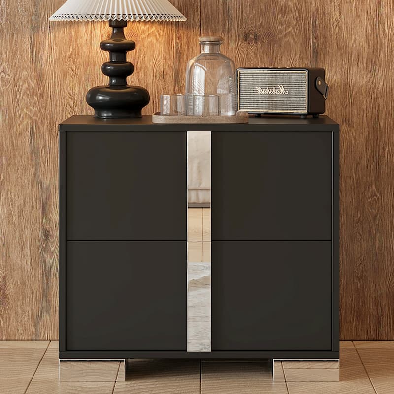 Elegant Mirrored 2-Drawer Nightstand with Metal Feet - Bedside Table for Bedroom/Living Room (Black)