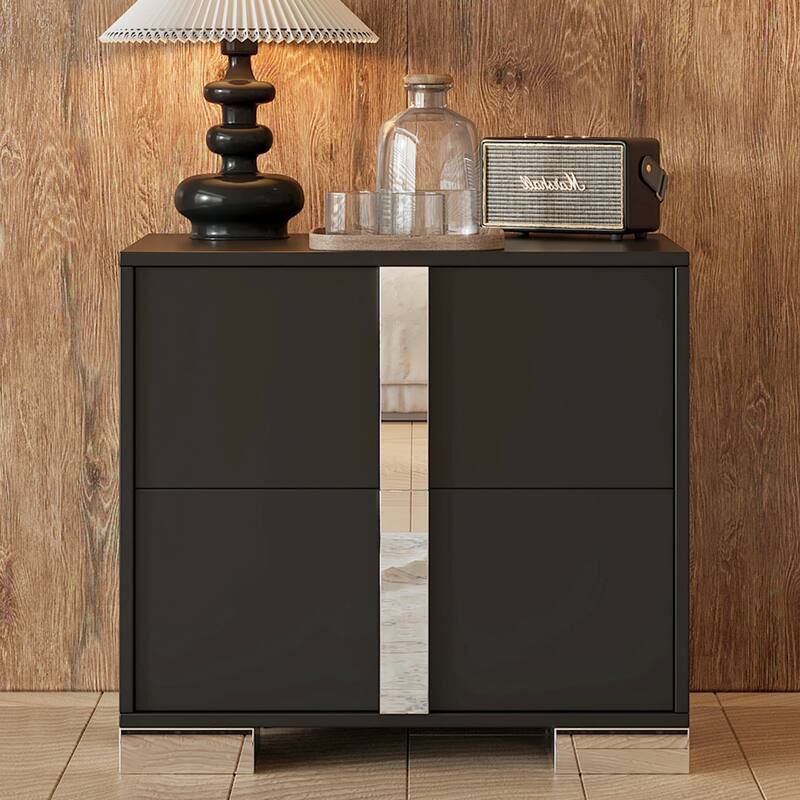Elegant Nightstand with Metal Handle, Mirrored Bedside Table with 2 Drawers for Bedroom, Living Room, Black - Black