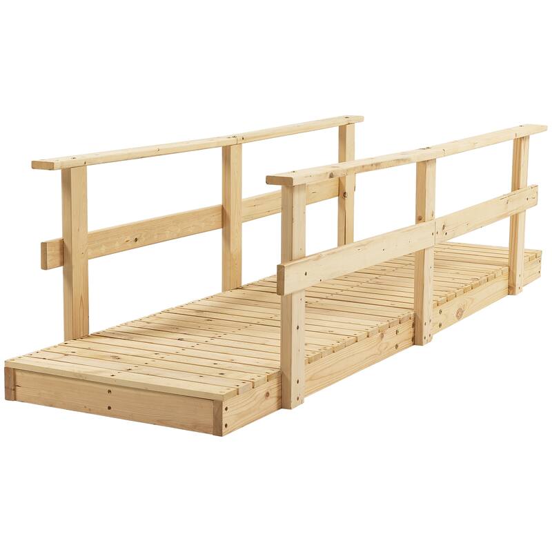 Outsunny 7' Wooden Garden Bridge with Safety Rails, Backyard Footbridge for Ponds, Creeks, Streams, Stained Finish