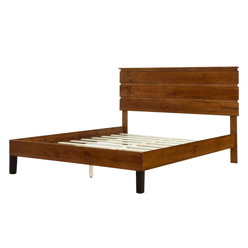 Brown Solid Wood Frame Platform Bed with Three-Piece Headboard Design