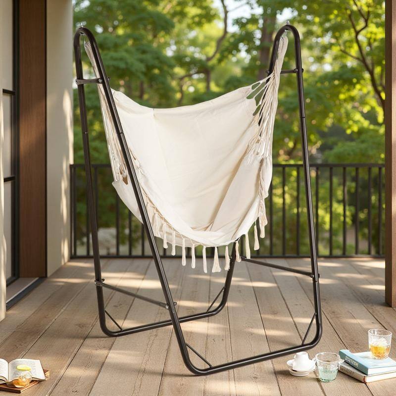 Steel Frame Hammock Chair with U-Shape Stand and 330lb Capacity, Includes Side Pocket - White