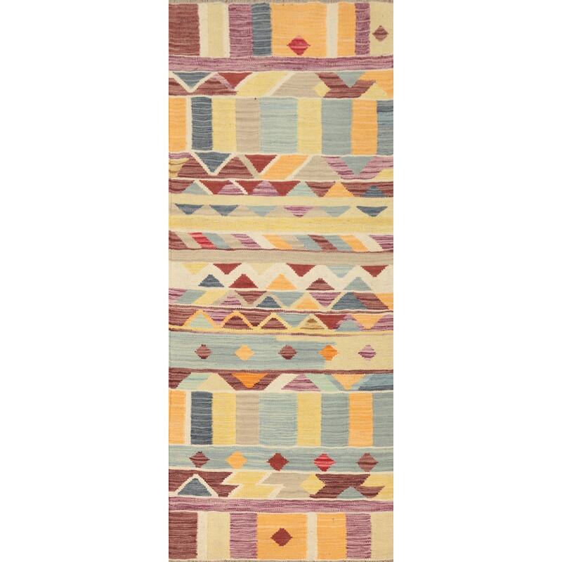 Hand Woven Oriental 100% Wool Carpet Southwestern Tribal Multi-Colored Kilim Runner Rug - 6' 2'' X 2' 1''