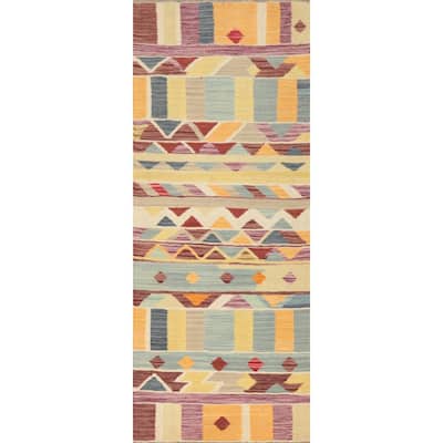 Hand Woven Oriental 100% Wool Carpet Southwestern Tribal Multi-Colored Kilim Runner Rug - 6' 2'' X 2' 1''
