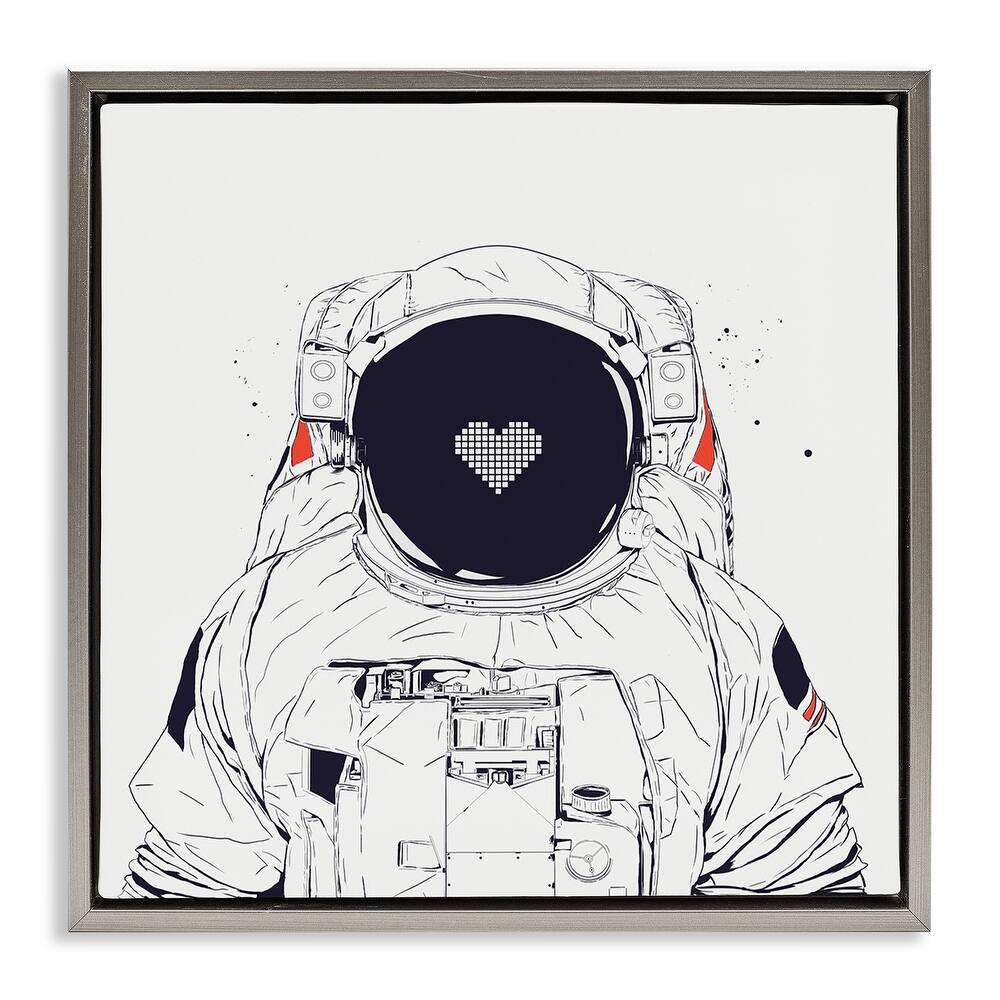 Stupell Minimal Astronaut with Heart Framed Floater Canvas Wall Art Design By Balazs Solti