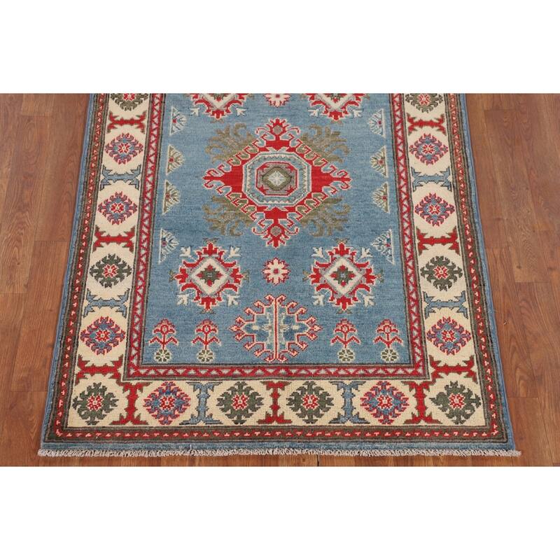 Blue Geometric Kazak Foyer Rug Hand-Knotted Oriental Wool Carpet - 3'4" x 4'11"