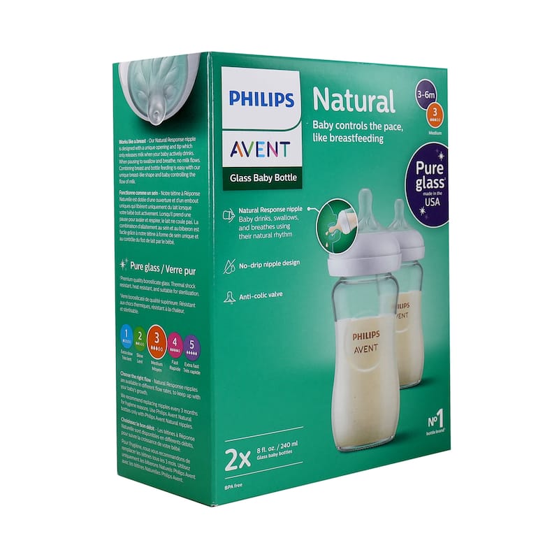 Philips Avent Natural Glass Baby Bottles with Natural Response Nipples (Medium Flow, Flow 3), 8oz, 2-Pack, SCY913/02
