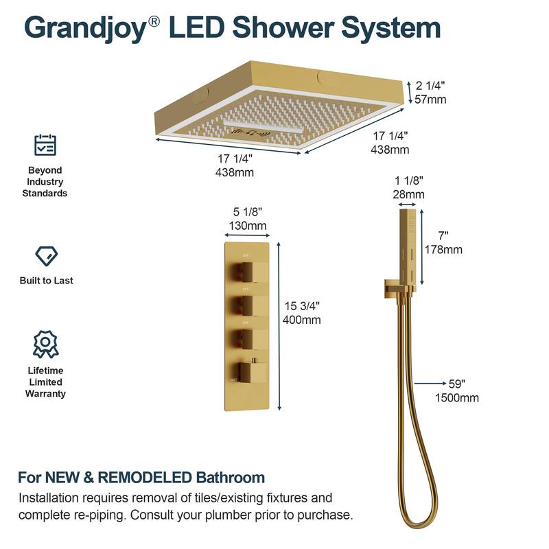 GRANDJOY Thermostatic LED Rain and Waterfall Shower System with Handheld, Built-In Music Function