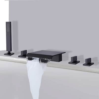 Deck Mounted 3-Handle 5-hole Roman Watefall Tub Faucet Black with Handshower