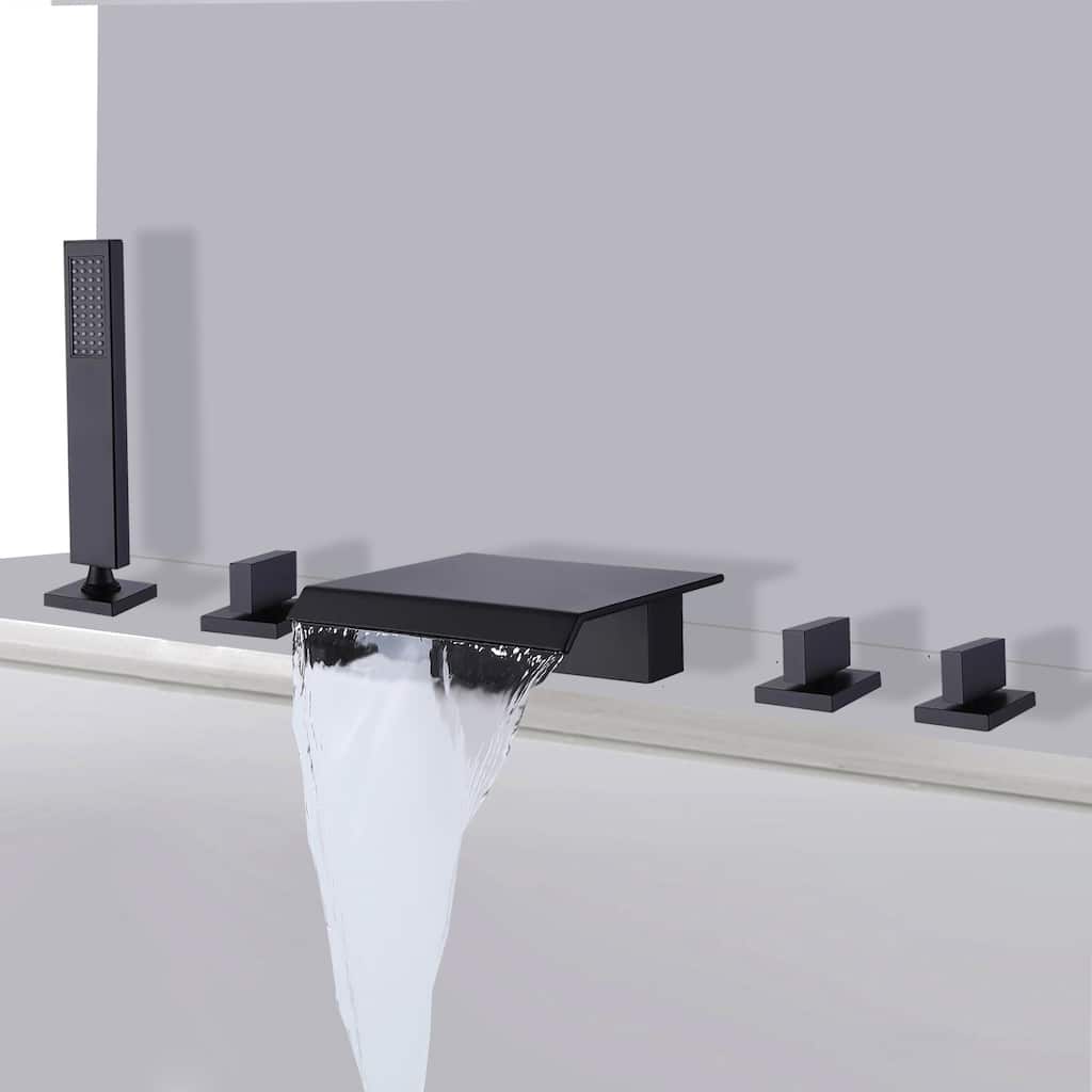 Deck Mounted 3-Handle 5-hole Roman Watefall Tub Faucet Black with Handshower