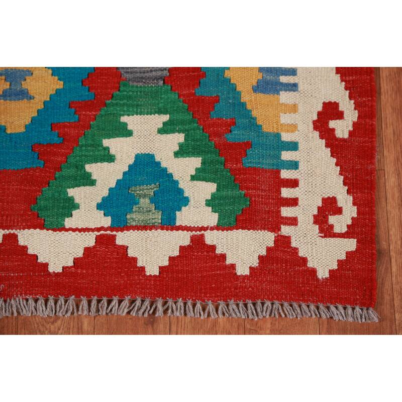 Hand Woven Oriental 100% Wool Carpet Southwestern All-Over Multi-Colored Kilim Runner Rug - 12' 10'' X 2' 9''