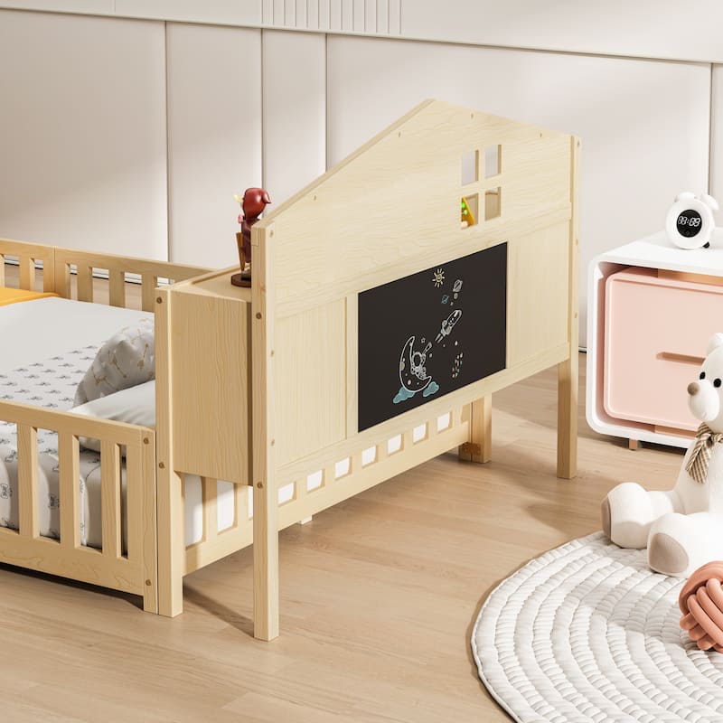 Full Size Platform Bed with Bookcases and Blackboards,Wooden Montessori Floor Bed Frame with Storage Headboard