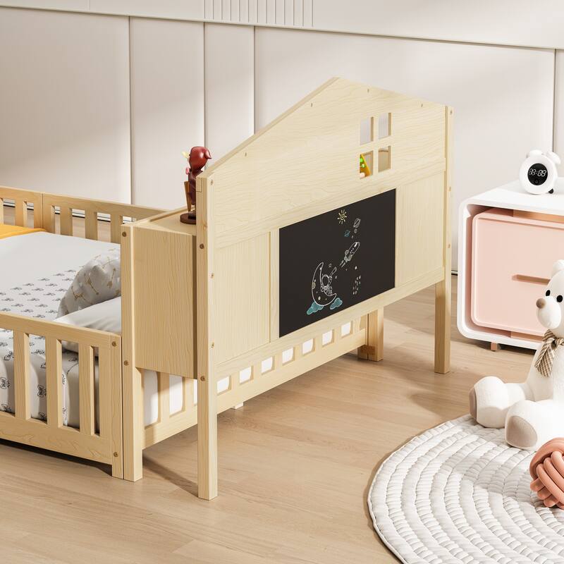 GDFStudio - Harper Full-Size Montessori Floor Bed with Storage Headboard and Blackboard