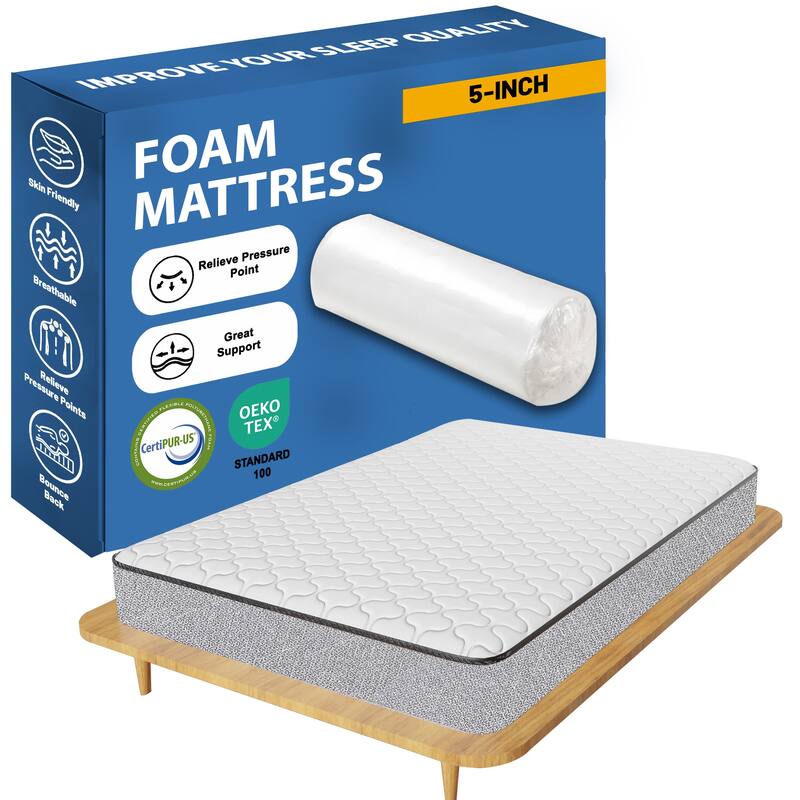 5-Inch Medium Firm High Density Foam Mattress, Comfortable Mattress for Cooler Sleep, Supportive & Pressure Relief, White
