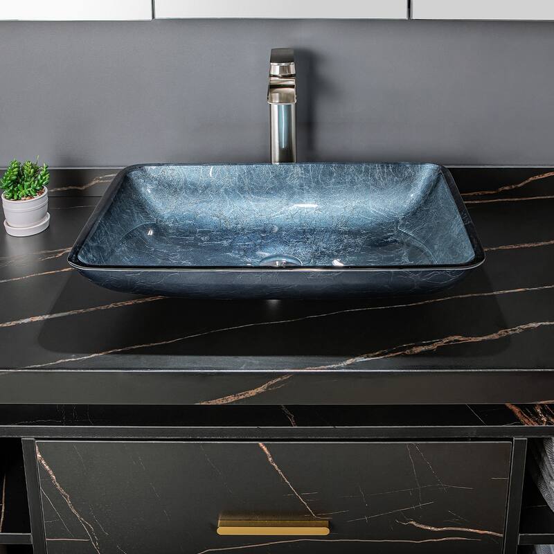 Vinnova Glass Rectangular Vessel Bathroom Sink without Faucet