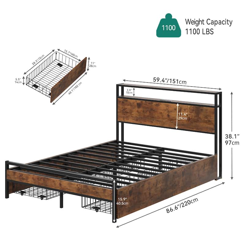 Moasis Queen/King Metal Platform Bed with Wooden Headboard