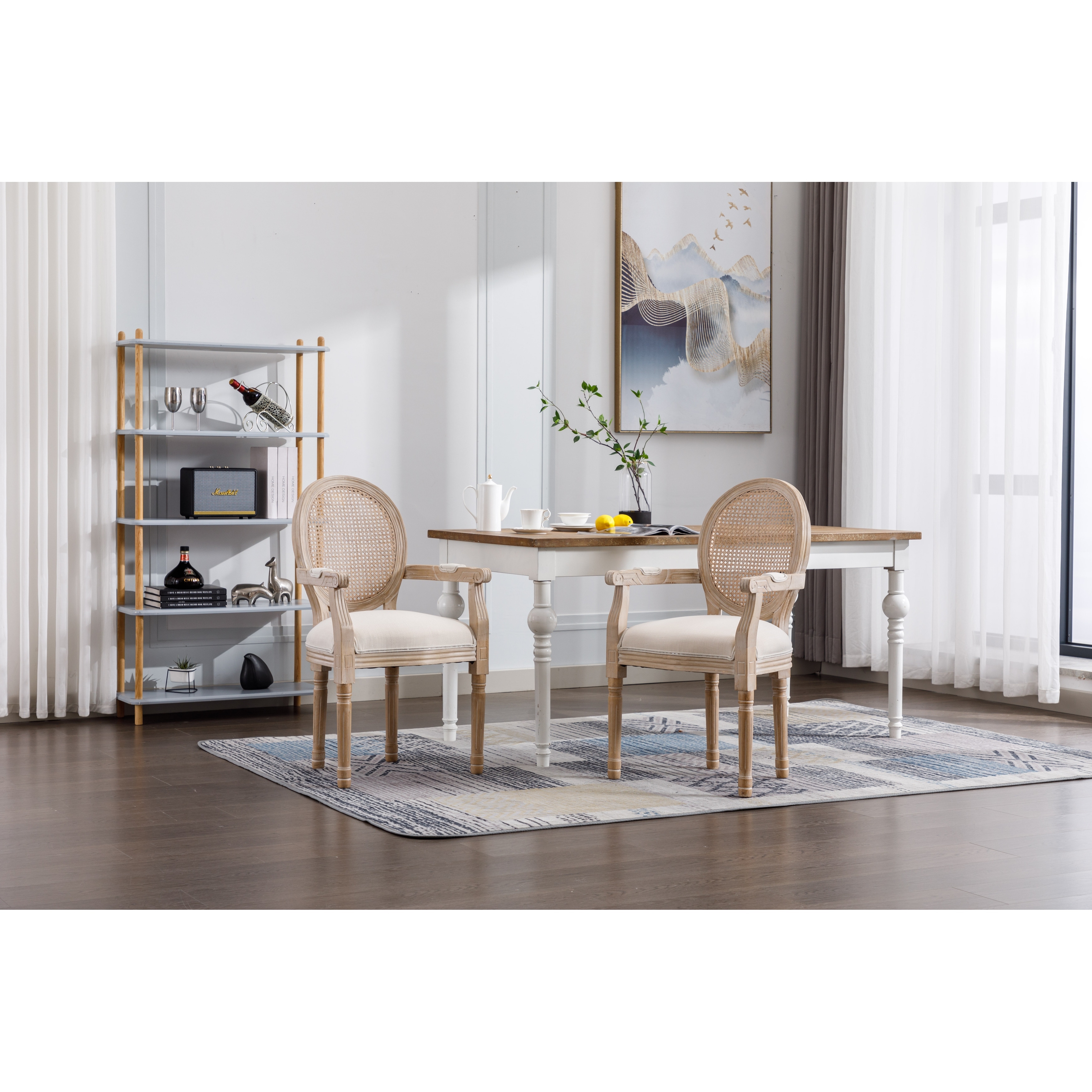 Roomfitters French Vintage Upholstered Fabric Dining Armchair, Set of 2, Beige